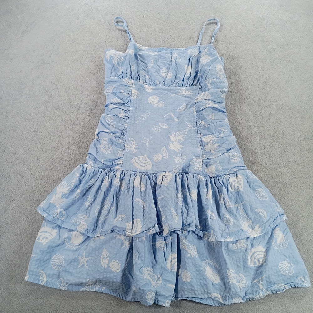 Wild Fable Women Mini Dress Blue Seersucker Coastal Print M Tiered Ruffle